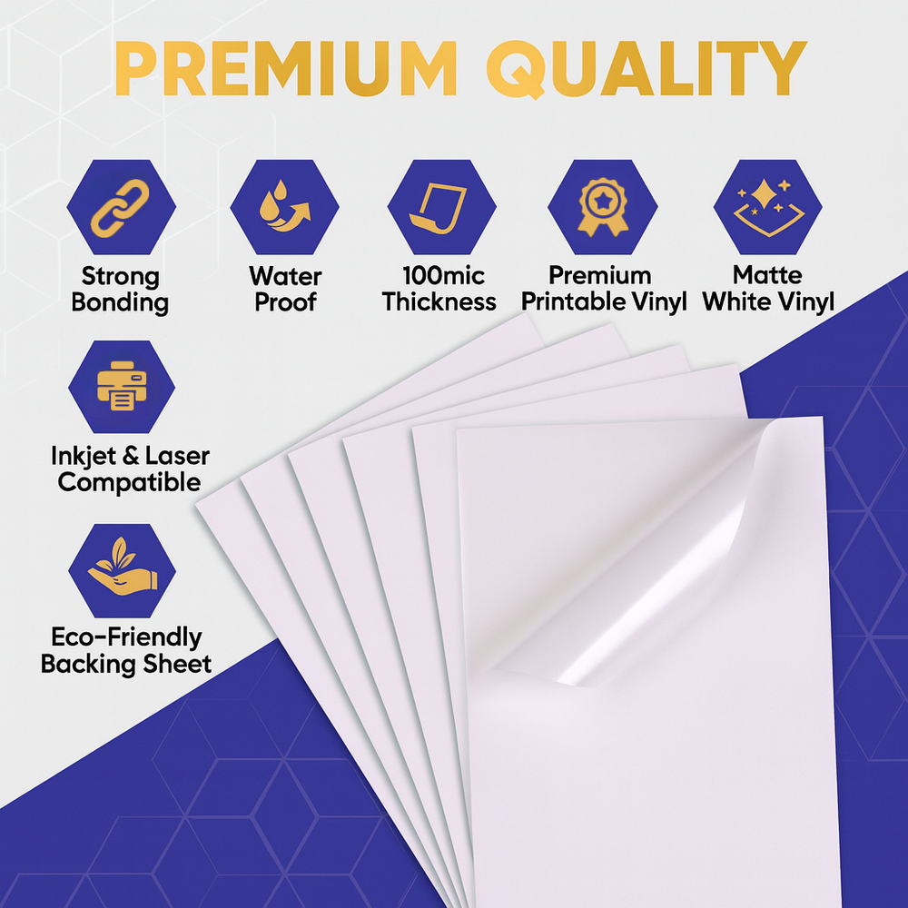 Printable Vinyl Sticker Paper - White Matte - Inkjet & Laser - A4 - 100 Mic