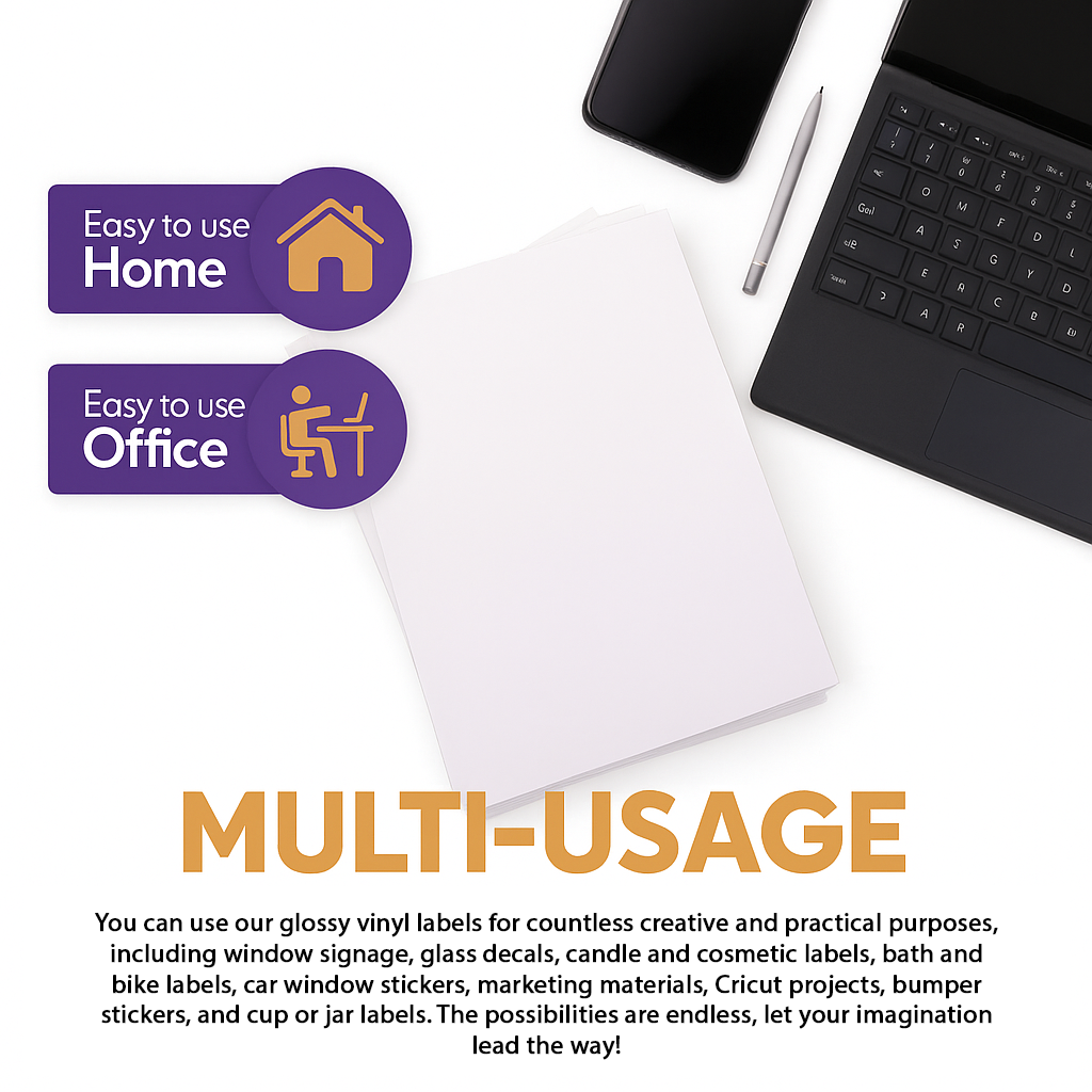 Printable Vinyl Sticker Paper - White Glossy - Inkjet & Laser - A4 - 100 Mic