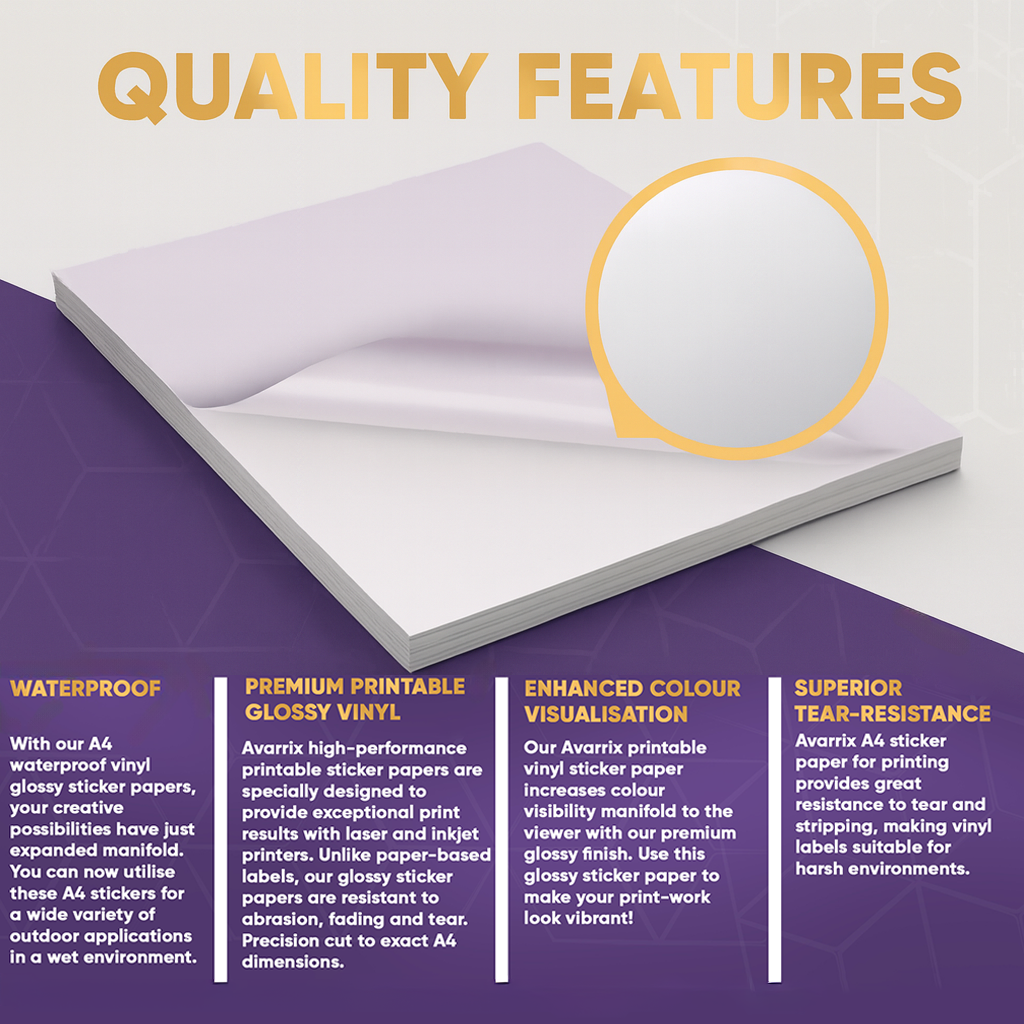 Printable Vinyl Sticker Paper - White Glossy - Inkjet & Laser - A4 - 100 Mic