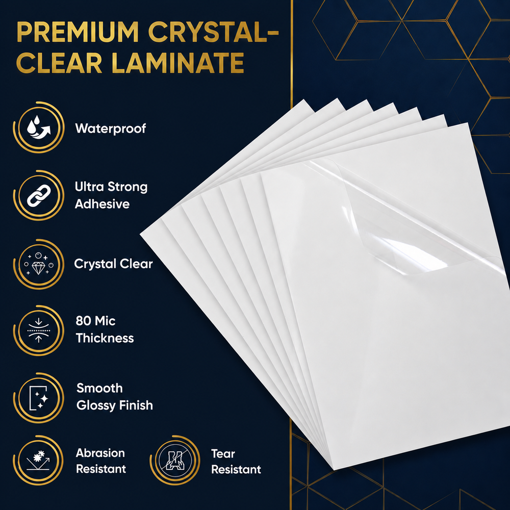 Premium Self Adhesive Laminating Sheets - Crystal Clear Glossy - A4 - 80 Mic
