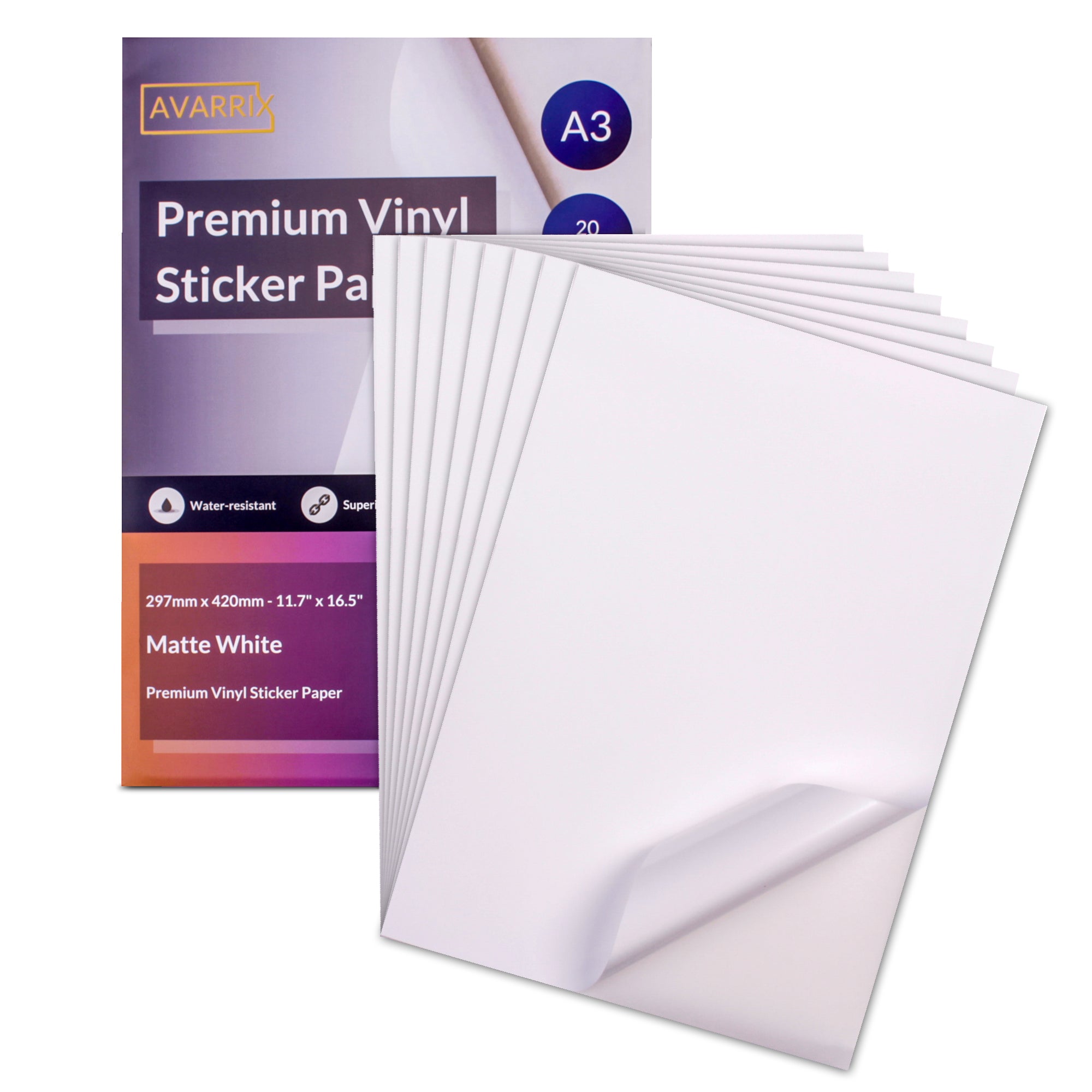 Printable Vinyl Sticker Paper - White Matte - Inkjet & Laser - A3 - 20 Sheets - 100 Mic