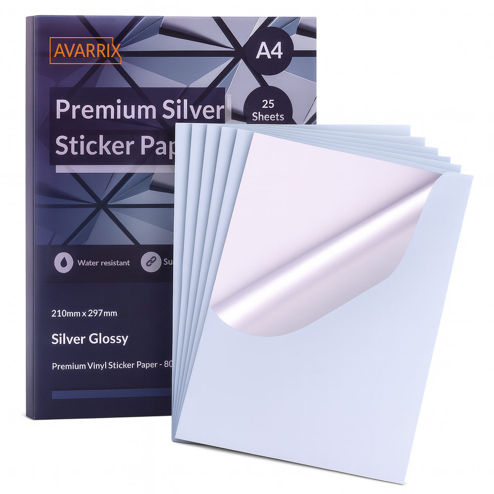 Printable Vinyl Sticker - Metallic Silver Glossy - Inkjet & Laser - A4 - 80 Mic