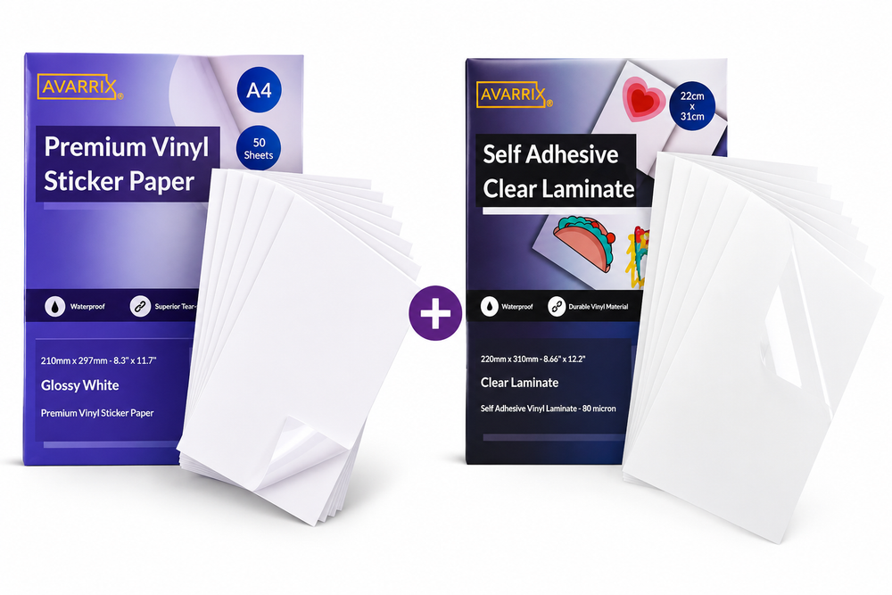 White Glossy Vinyl Sticker Paper + Self-Adhesive Laminating Sheets Bundle | A4 | 50 Sheets Each