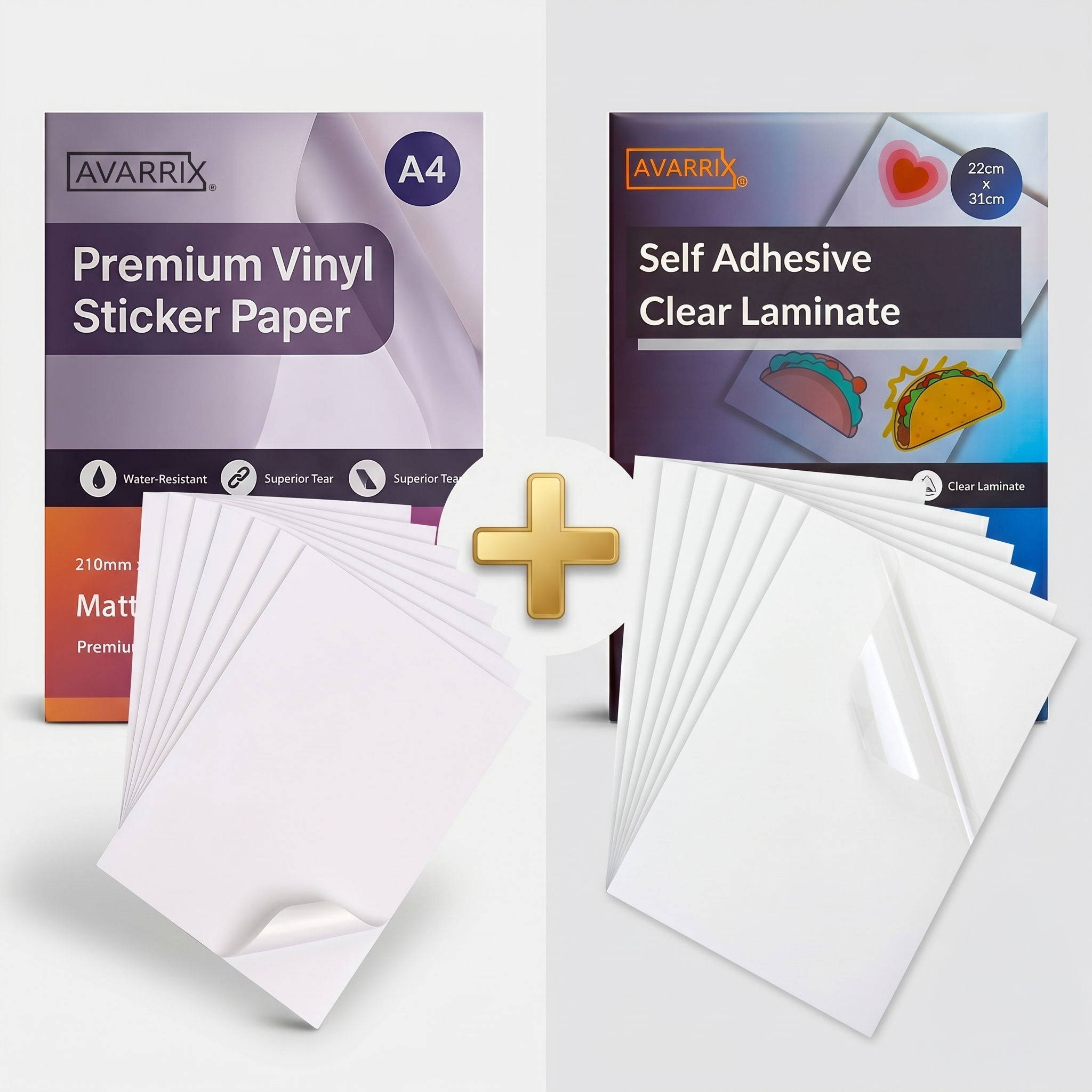 White Matte Vinyl Sticker Paper + Self-Adhesive Laminating Sheets Bundle | A4 | 50 Sheets Each