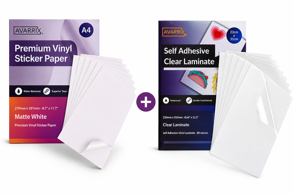 White Matte Vinyl Sticker Paper + Self-Adhesive Laminating Sheets Bundle | A4 | 50 Sheets Each