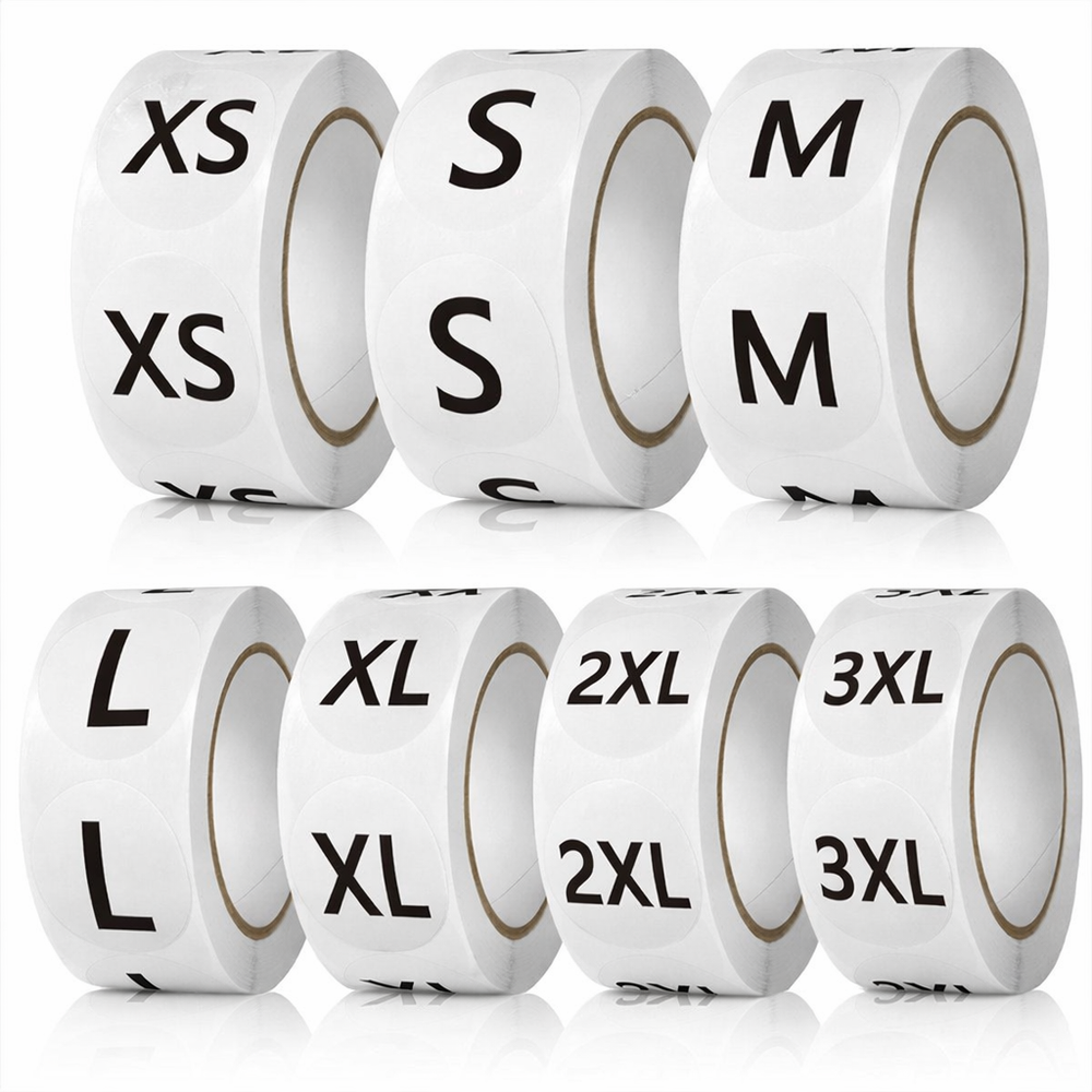 Clothing Size Label Stickers - 1 Inch Round Self‑Adhesive (XS-3XL, 7 Rolls / 3500 Labels)
