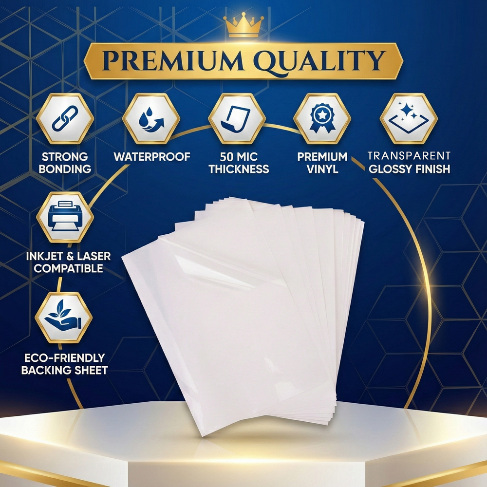 Printable Vinyl Sticker Paper - Transparent Clear Glossy - Inkjet & Laser - A4 - 70 Mic