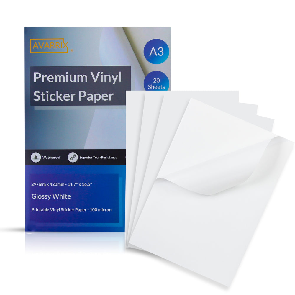 Printable Vinyl Sticker Paper - White Glossy - Inkjet & Laser - A3 - 20 Sheets - 100 Mic