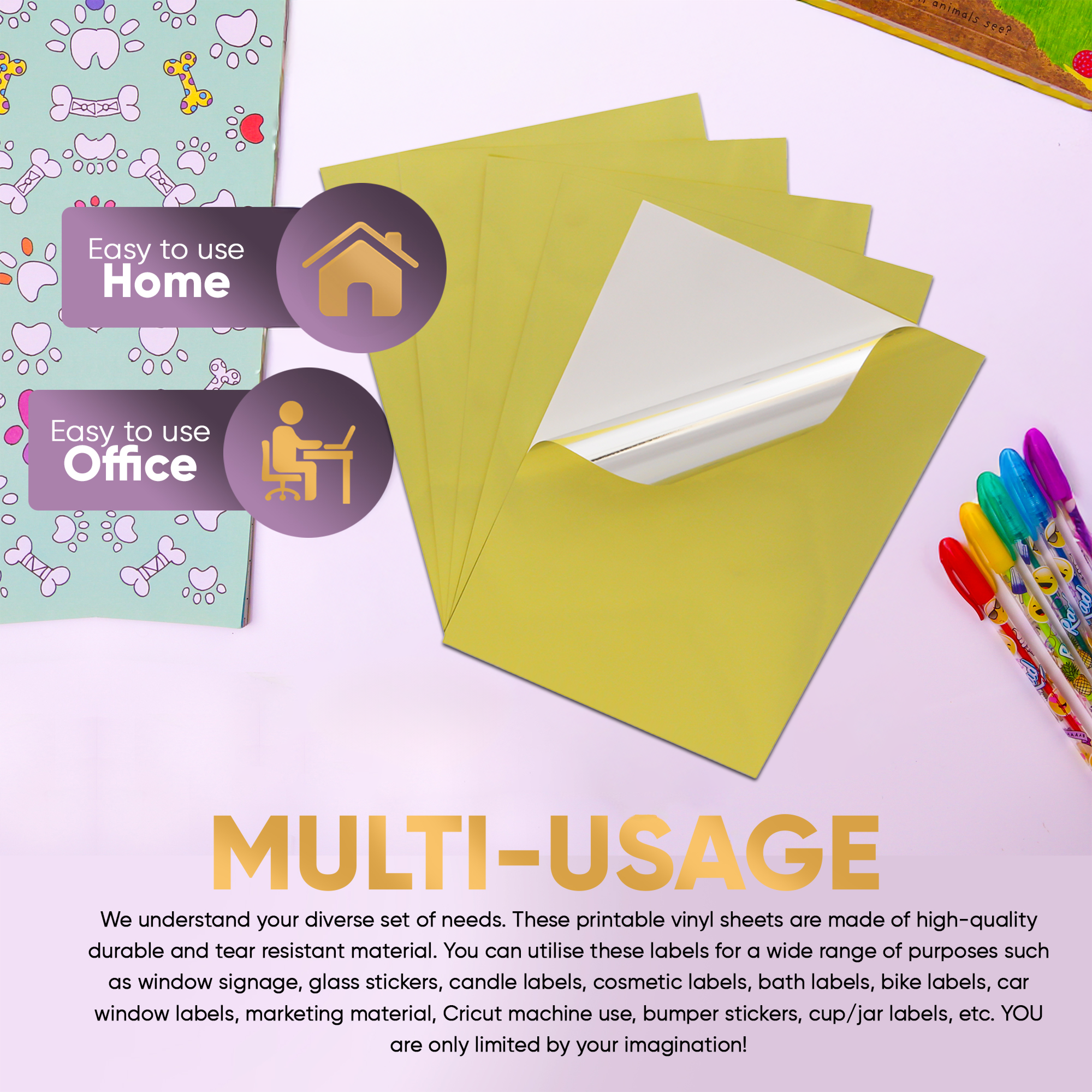 Printable Vinyl Sticker - Metallic Gold Glossy - Inkjet & Laser - A4 - 80 Mic