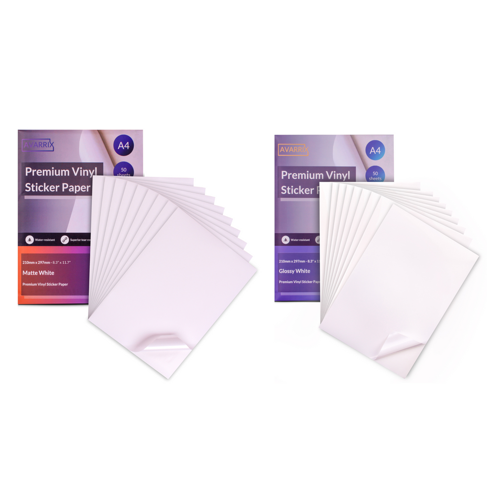 Vinyl Sticker Paper Combo Pack – White Matte & Glossy – A4 – 100 Mic – 100 Sheets Each (Total 200 Sheets)