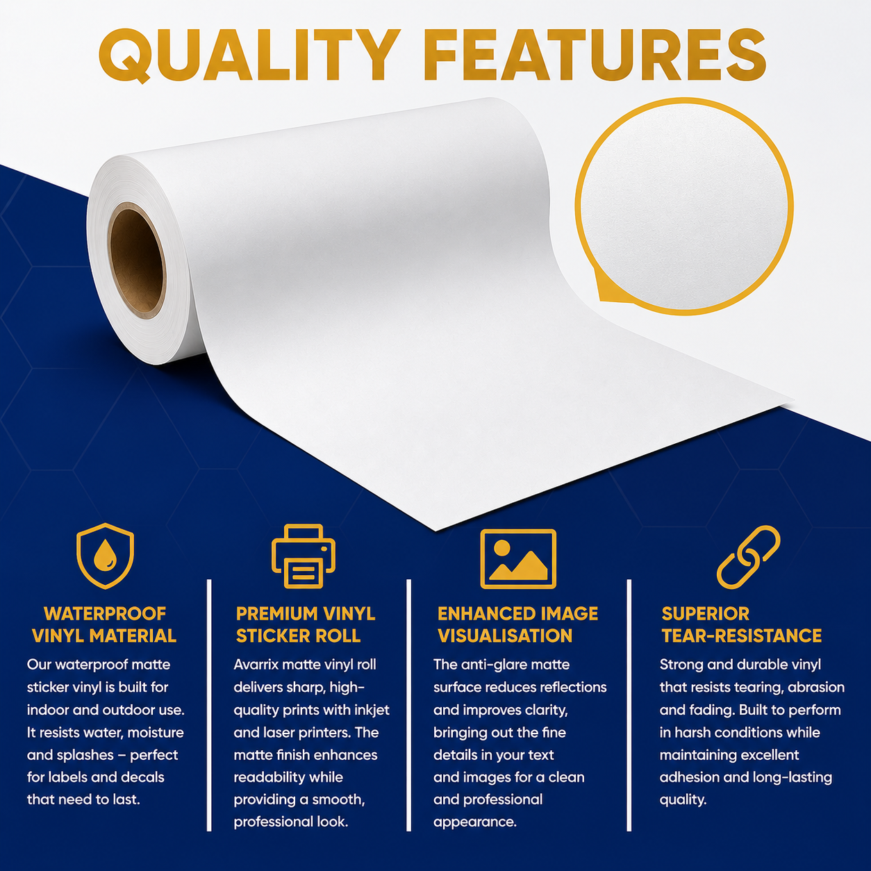 Avarrix printable vinyl roll quality and feature highlights, matte white 210mm