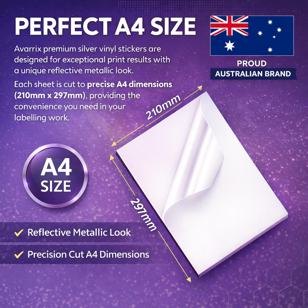 Avarrix Metallic Silver Holographic Vinyl Sticker A4 — size dimensions guide