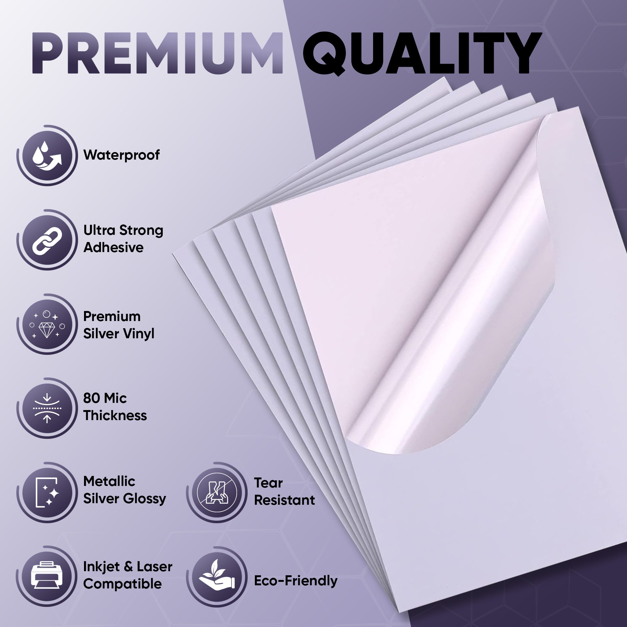 Printable Vinyl Sticker - Metallic Silver Glossy - Inkjet & Laser - A4 - 80 Mic