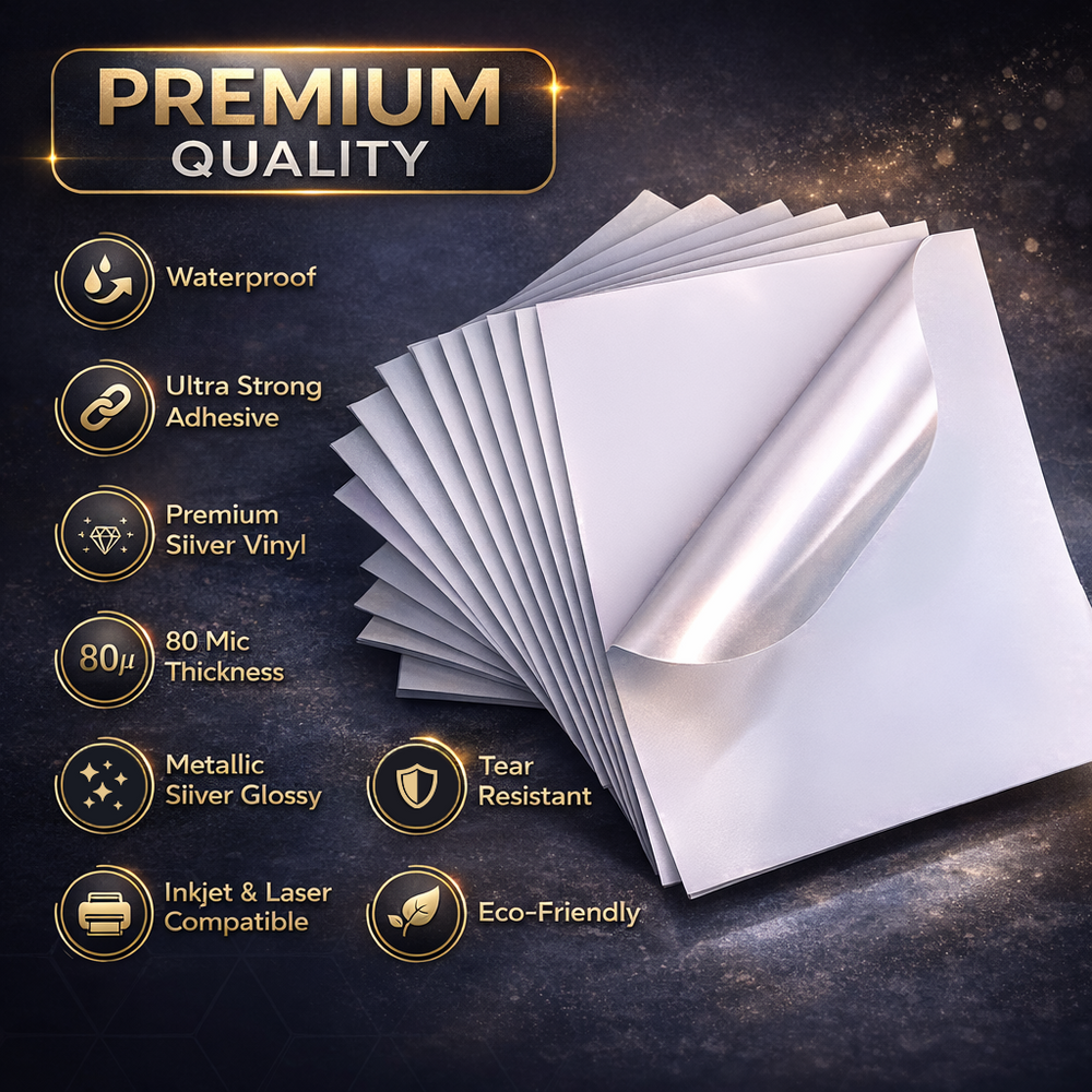 Printable Vinyl Sticker - Metallic Silver Glossy - Inkjet & Laser - A4 - 80 Mic