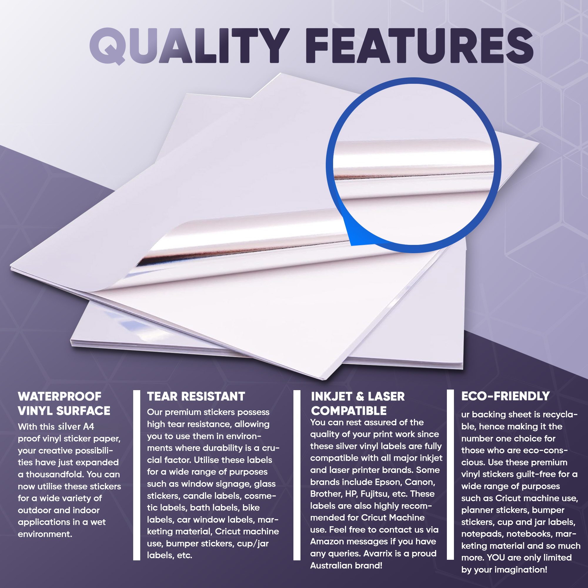 Printable Vinyl Sticker - Metallic Silver Glossy - Inkjet & Laser - A4 - 80 Mic