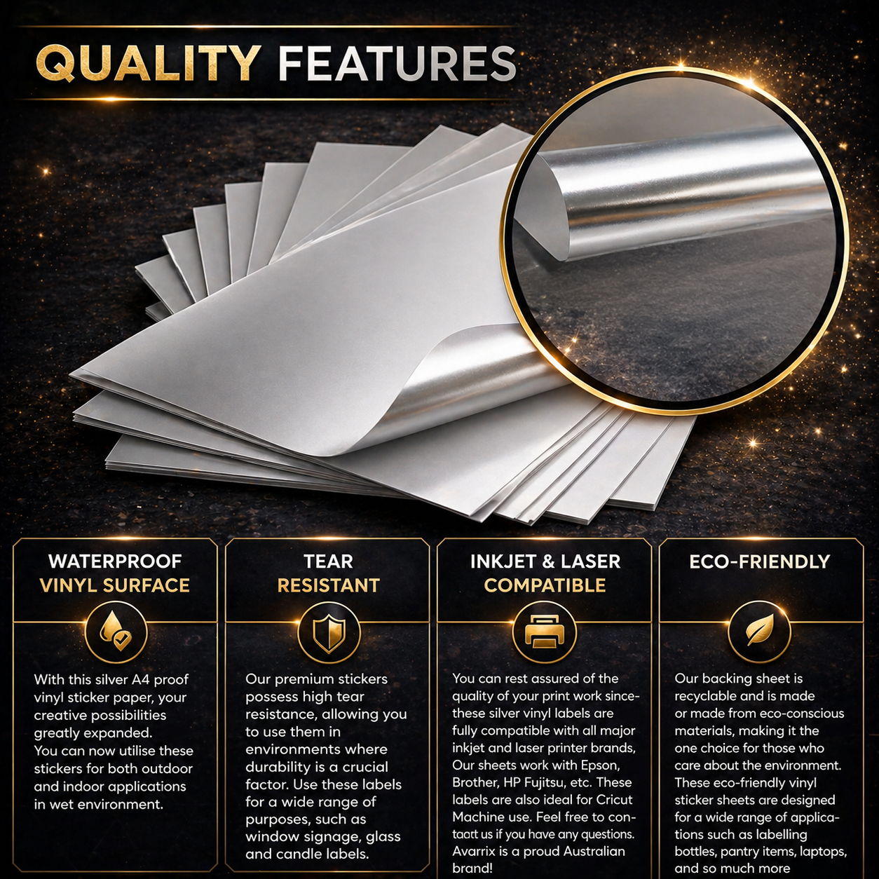 Avarrix Metallic Silver Holographic Vinyl Sticker A4 — printed result example