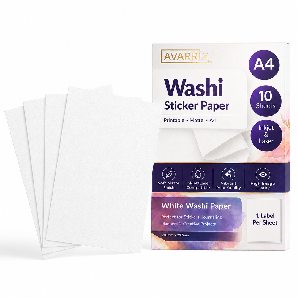 Avarrix Washi Sticker Paper A4, Printable Washi Sticker Paper Sheets for Inkjet and Laser Printers, Matte White Writable Paper for Planner Stickers and Journaling
