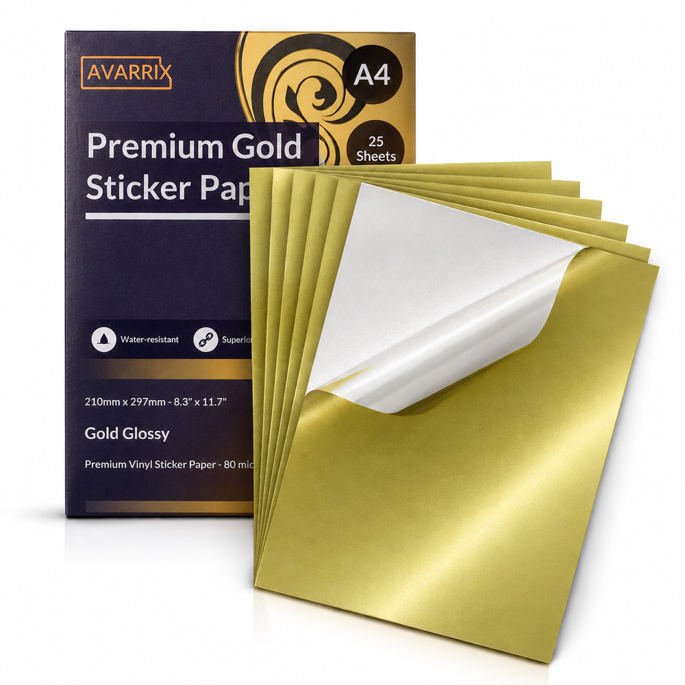 Avarrix Metallic Gold Glossy Vinyl Sticker Paper A4, printable sheets with peeled corner showing white adhesive backing