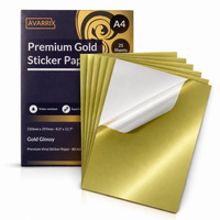 Avarrix Metallic Gold Glossy Vinyl Sticker Paper A4, printable sheets with peeled corner showing white adhesive backing