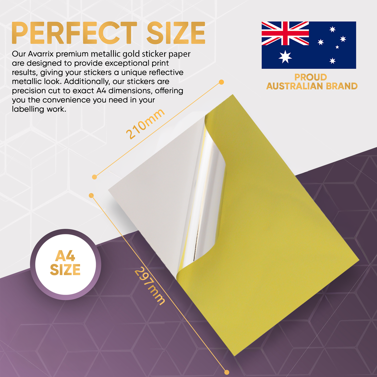 Avarrix Metallic Gold Vinyl Sticker Paper, A4 size 210mm x 297mm dimensions