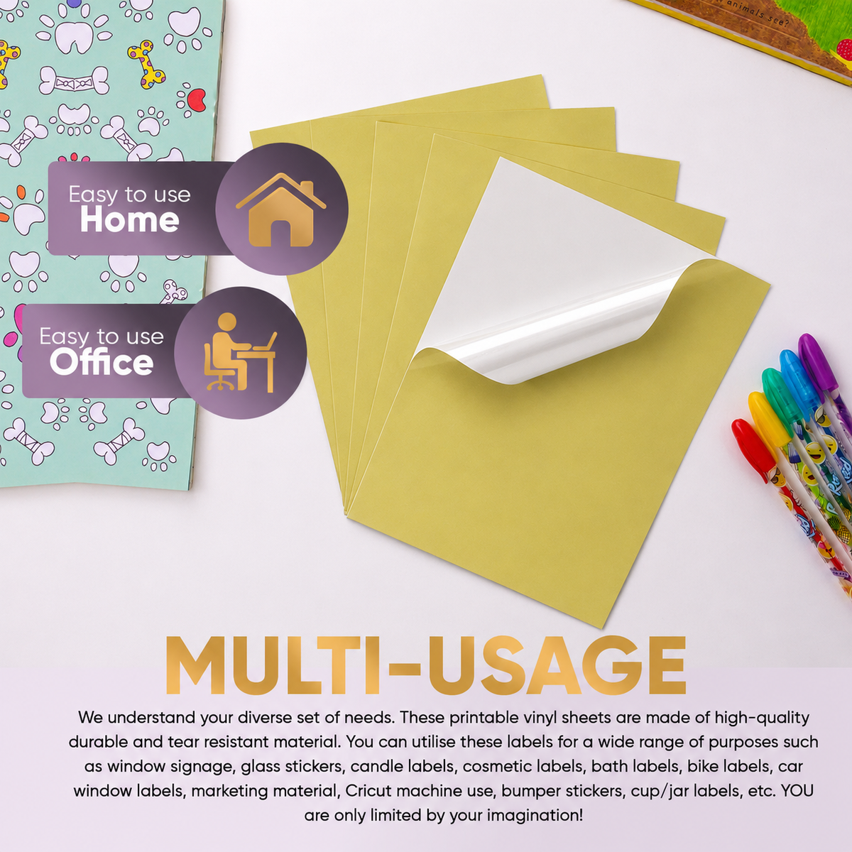 Avarrix Metallic Gold Vinyl Sticker Paper, multi-usage infographic for labels, decals and Cricut projects