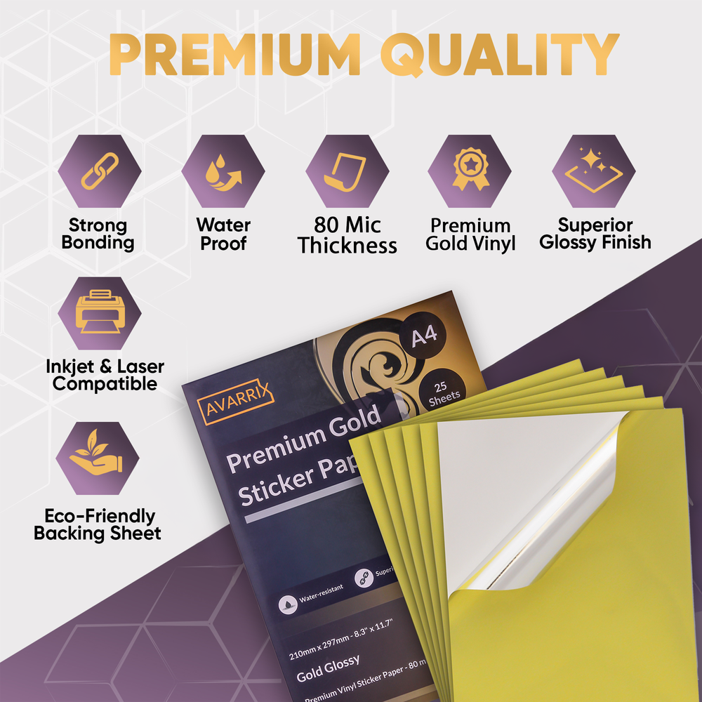 Avarrix Metallic Gold Vinyl Sticker Paper A4, premium quality glossy finish