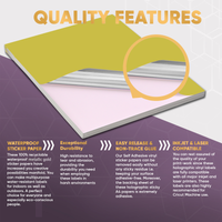 Avarrix Metallic Gold Vinyl Sticker Paper, quality features infographic showing tear resistance and adhesive strength