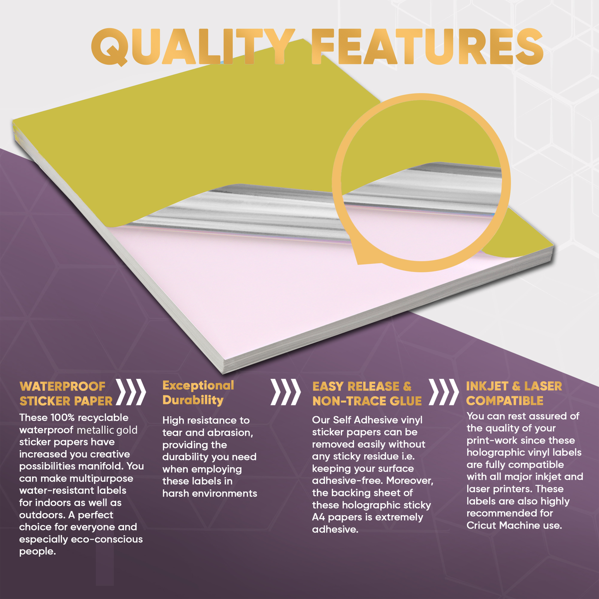 Avarrix Metallic Gold Vinyl Sticker Paper, quality features infographic showing tear resistance and adhesive strength
