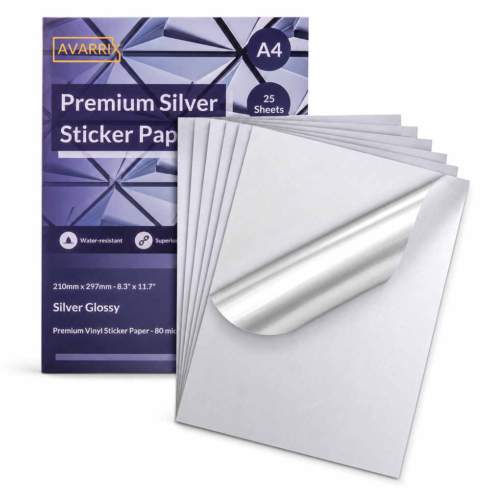 Avarrix Metallic Silver Glossy Vinyl Sticker Paper A4, printable sheets with peeled corner showing white adhesive backing