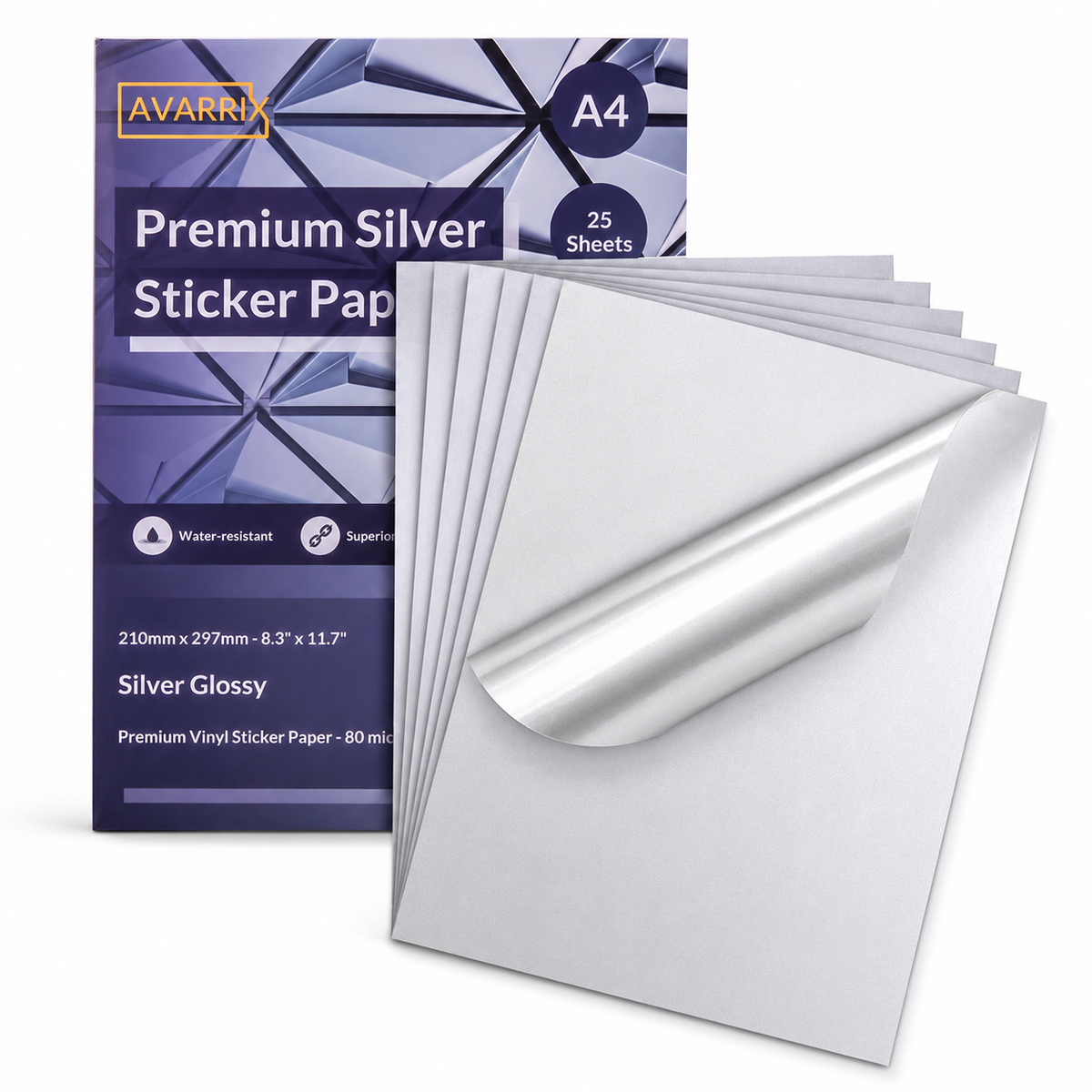 Avarrix Metallic Silver Glossy Vinyl Sticker Paper A4, printable sheets with peeled corner showing white adhesive backing