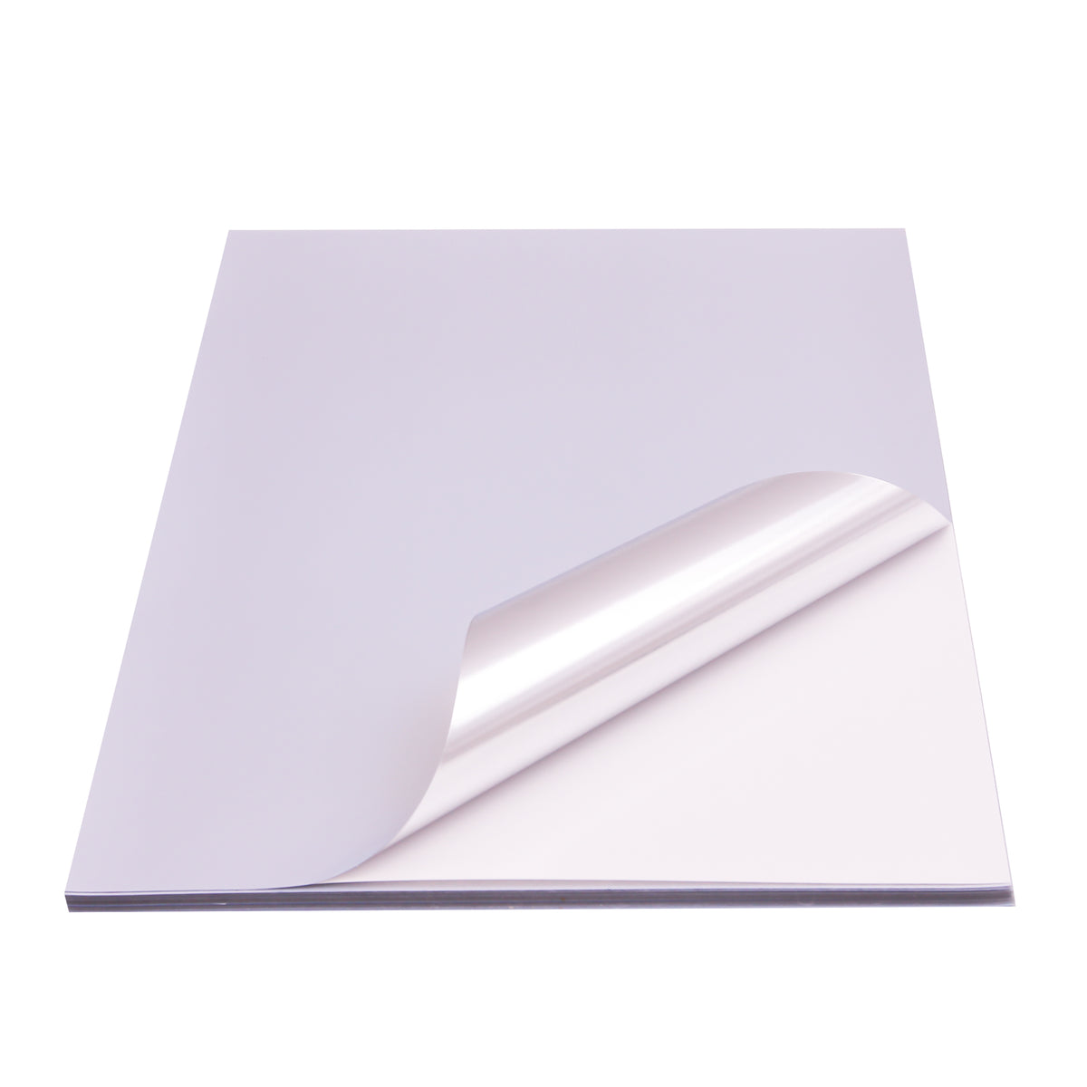 Avarrix Metallic Silver Vinyl Sticker Paper, stack of A4 sheets with top sheet peeling to show adhesive backing