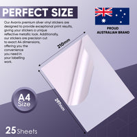 Avarrix Metallic Silver Vinyl Sticker Paper, A4 size 210mm x 297mm dimensions
