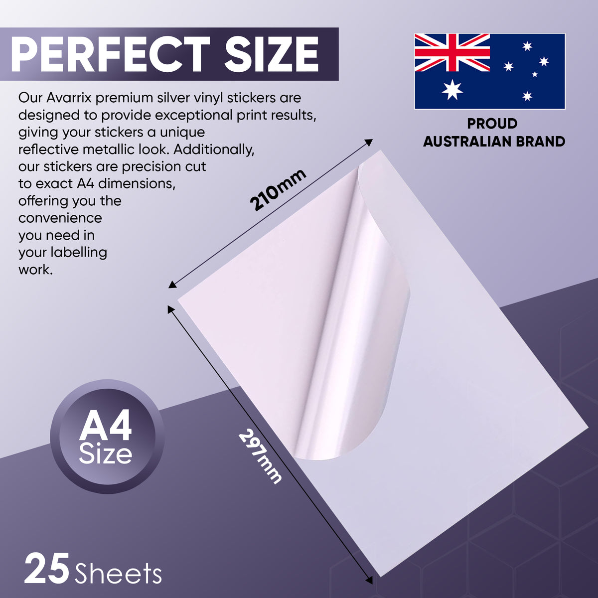 Avarrix Metallic Silver Vinyl Sticker Paper, A4 size 210mm x 297mm dimensions