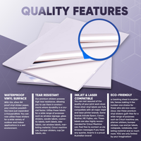 Avarrix Metallic Silver Vinyl Sticker Paper, quality features infographic showing tear resistance and adhesive strength