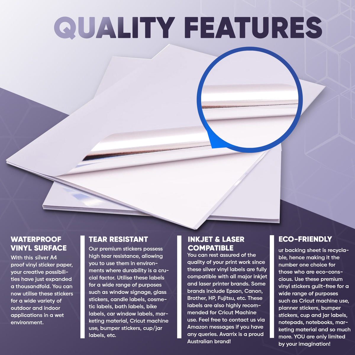 Avarrix Metallic Silver Vinyl Sticker Paper, quality features infographic showing tear resistance and adhesive strength