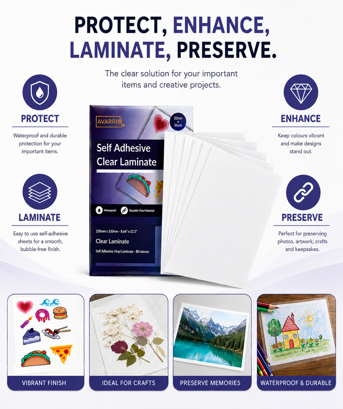 Premium Self Adhesive Laminating Sheets - Crystal Clear Glossy - A4 - 80 Mic
