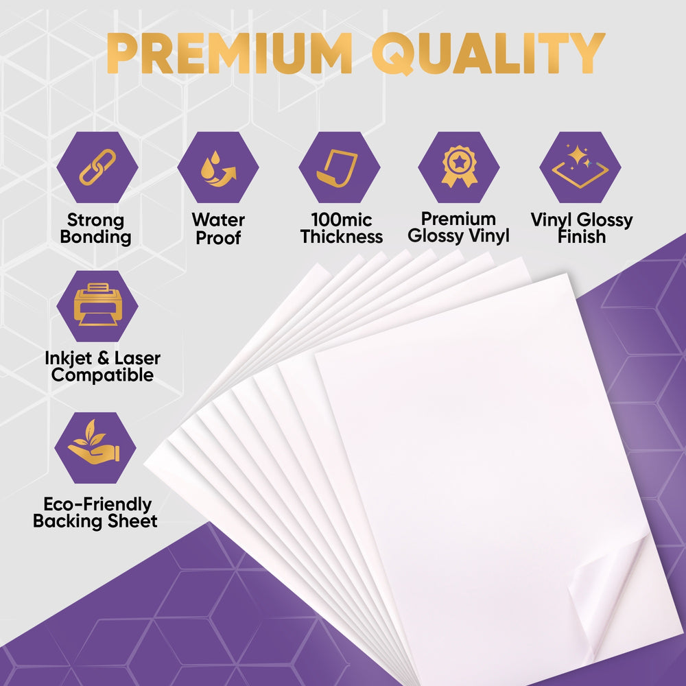 Printable Vinyl Sticker Paper - White Glossy - Inkjet & Laser - A3 - 100 Mic